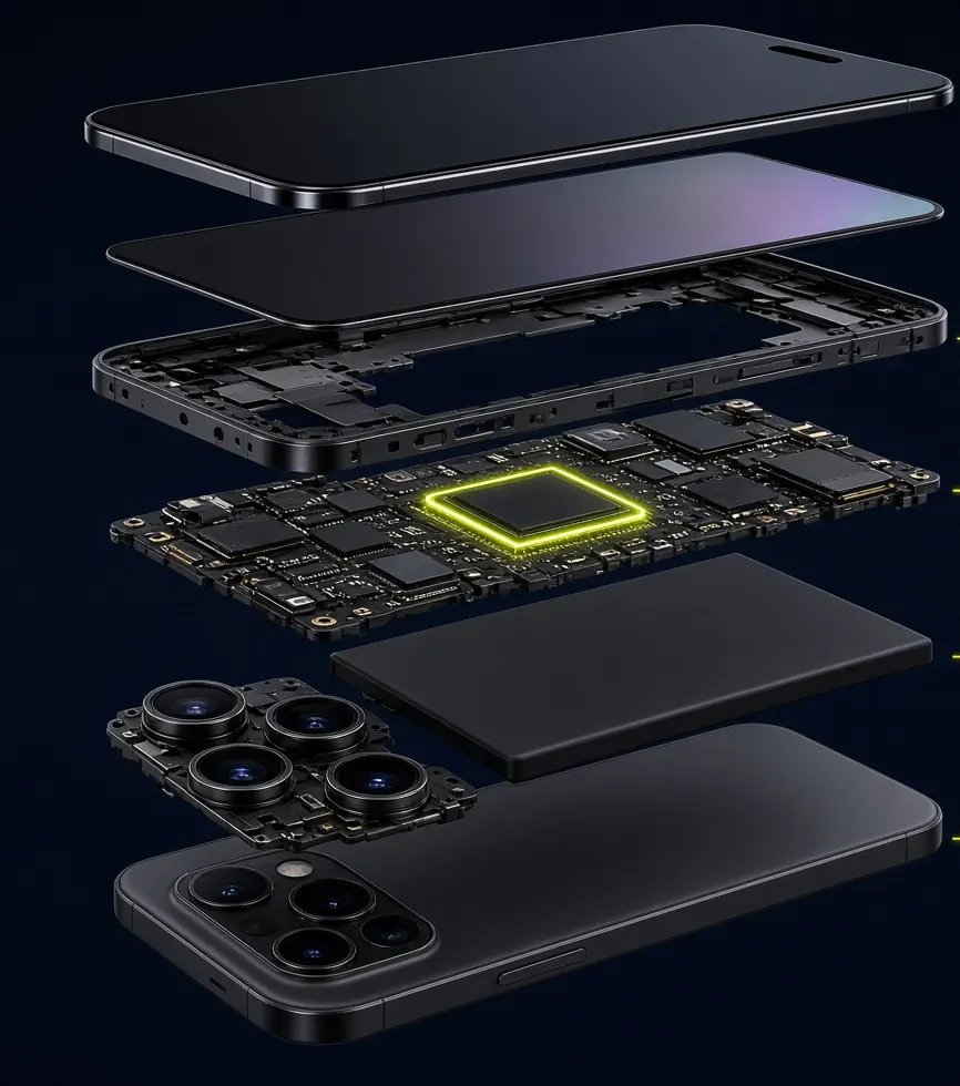 Illustration of an exploded smartphone: glass, display, frame, logic board with a glowing chip, battery and camera module, stacked in layers.